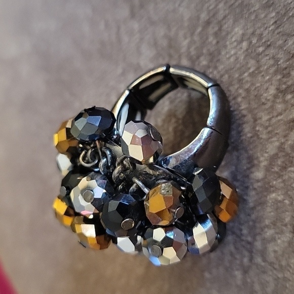 Vtg Gunmetal Aurum Beaded Bauble Chunky Stretch Statement Ring - Picture 3 of 5